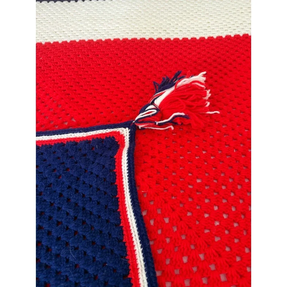 Vintage Large Crochet Afghan Blanket Throw Handmade 100” x 104” Red White & Blue